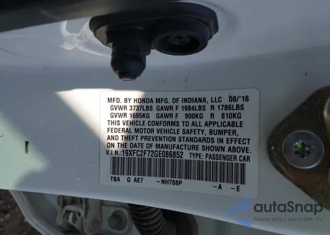 2016 Honda Civic Ex z USA, uszkodzony, nr VIN 19XFC2F72GE086852